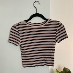 Pink/black striped cropped tee